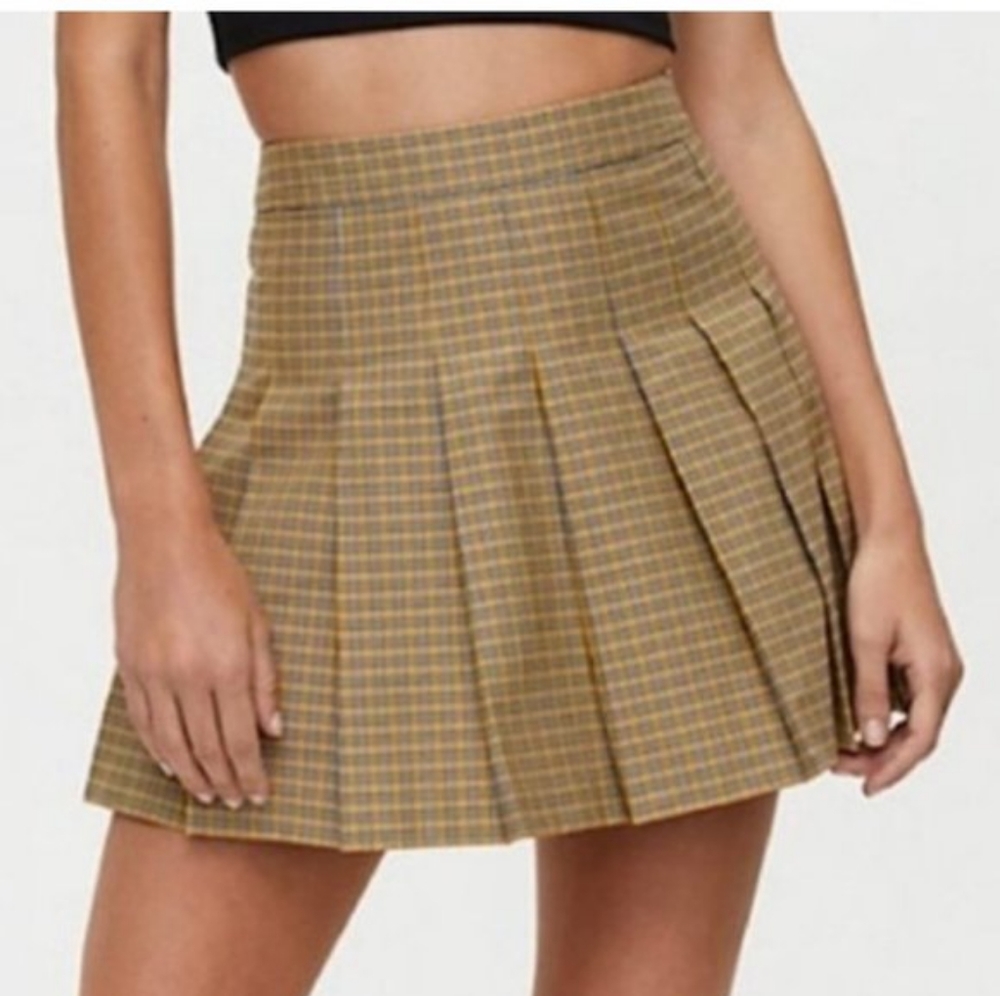 Sunday Best Olive Yellow Pleated Plaid Skirt